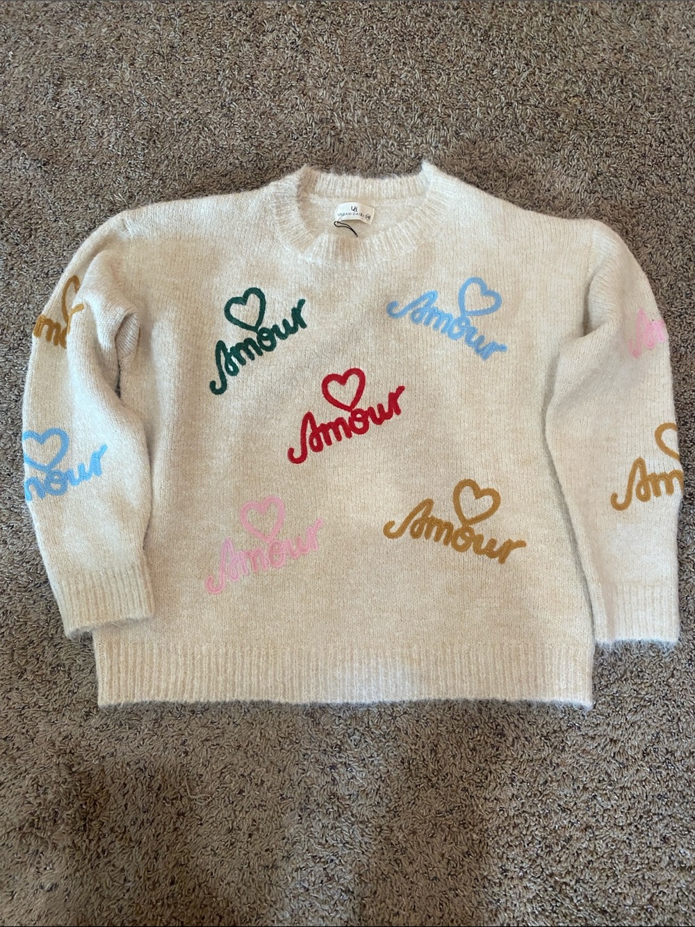 Cozy Cream 'Amour' Embroidered Crewneck Sweater